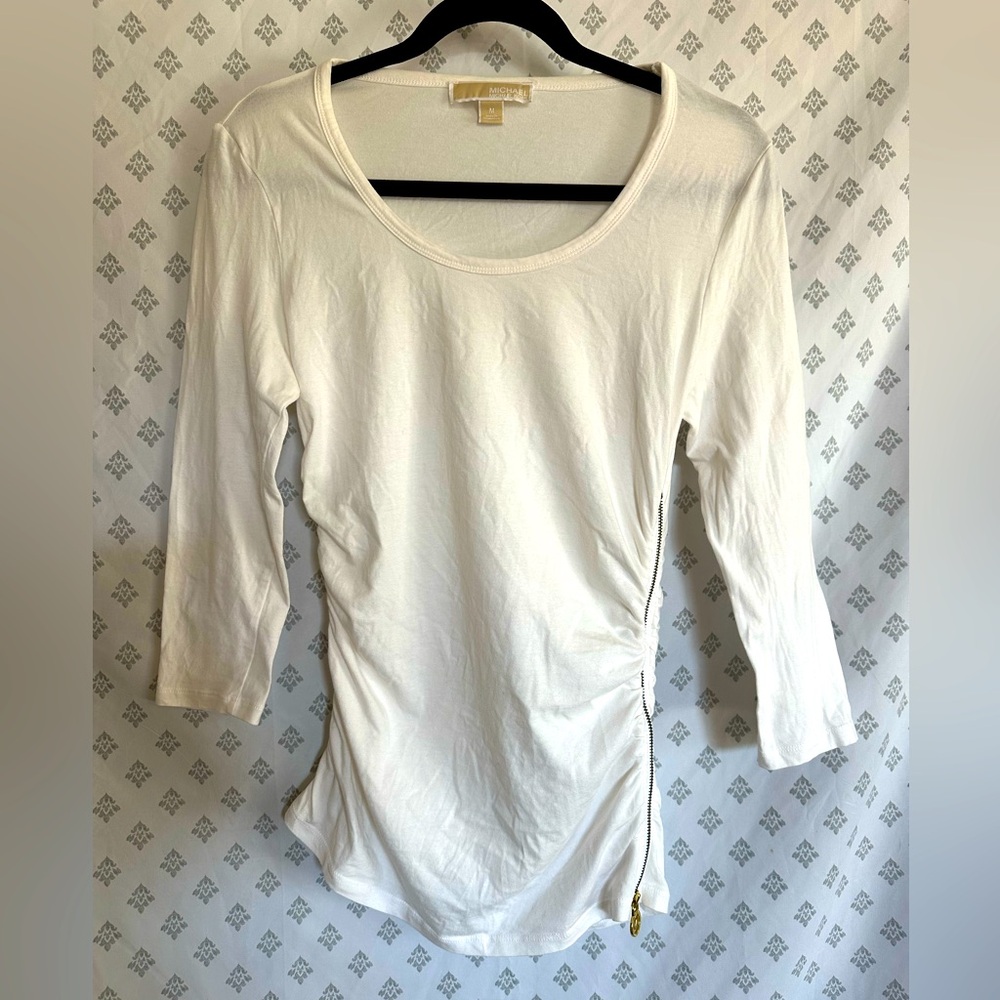 Michael Kors Zipped Fitted Ruched 3/4 Sleeve Tshirt